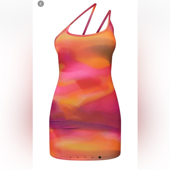 NWT Pink Abstract Print Slinky Asymmetric Strap Detail Bodycon Dress - Picture 3 of 7